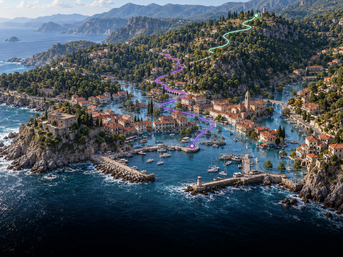 Illustrative preview of flooded coastal streets and two routes towards high ground